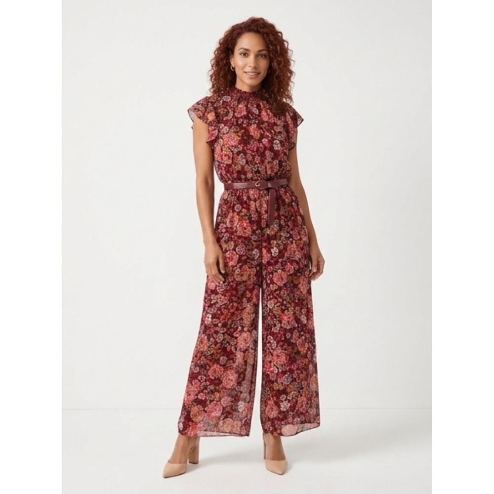 Cynthia Steffe Floral Wide Leg Jumpsuit Burgundy Pink‎ Smocked Waist PXL